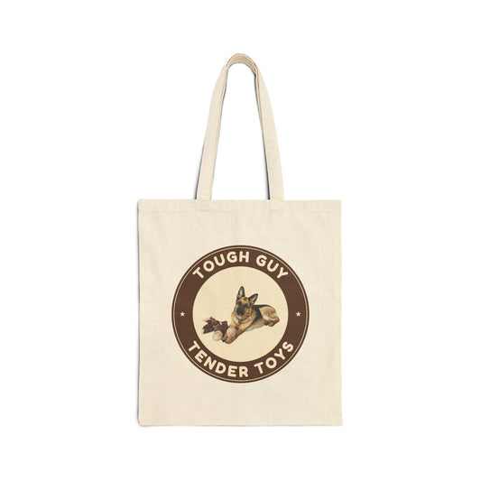 Tough guy. Tender toys | Fun German Shepherd Dog Lover Badge Canvas Tote Bag